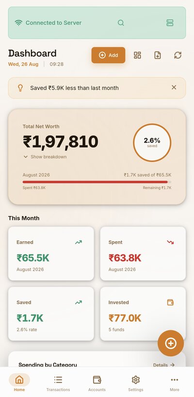 Dashboard — net worth & monthly summary